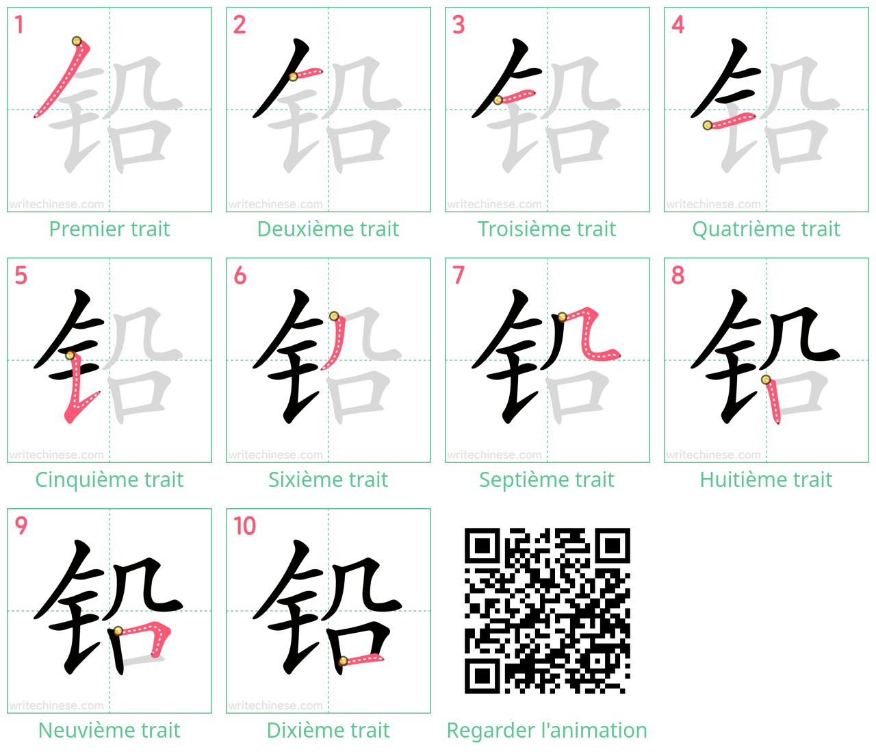 Diagrammes d'ordre des traits étape par étape pour le caractère 铅