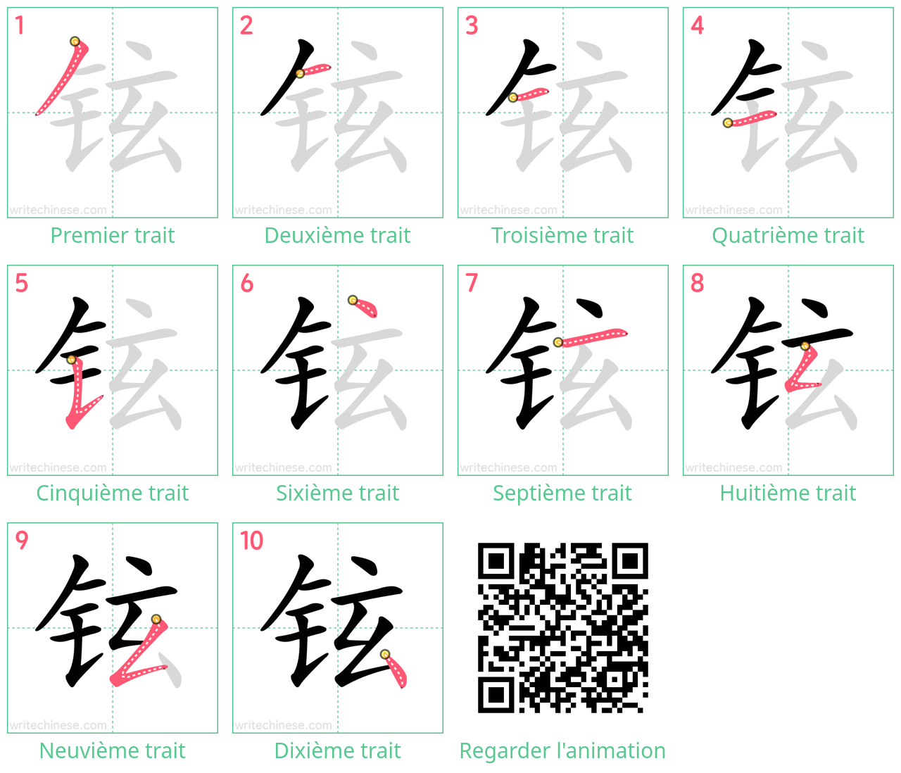 Diagrammes d'ordre des traits étape par étape pour le caractère 铉