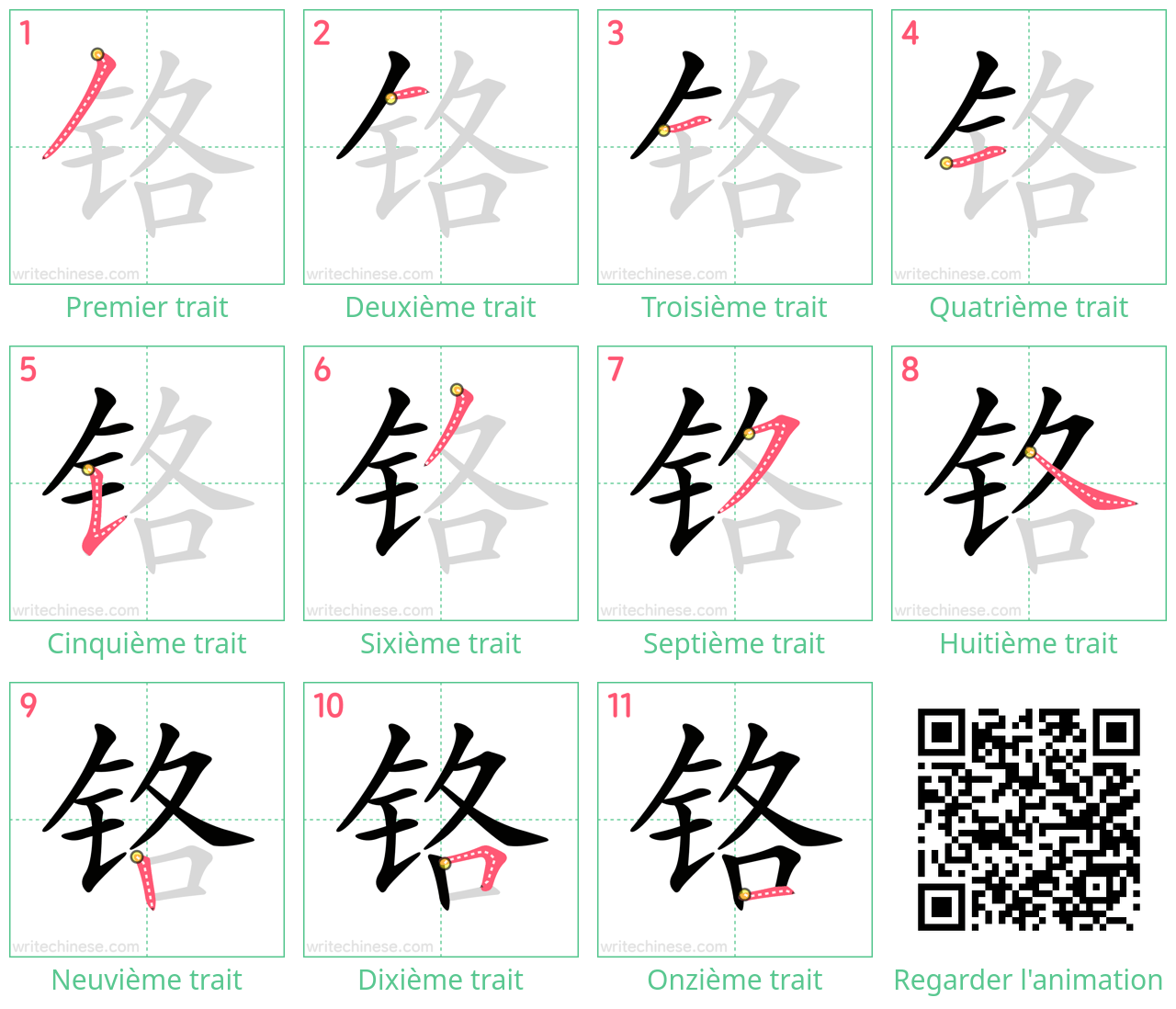 Diagrammes d'ordre des traits étape par étape pour le caractère 铬