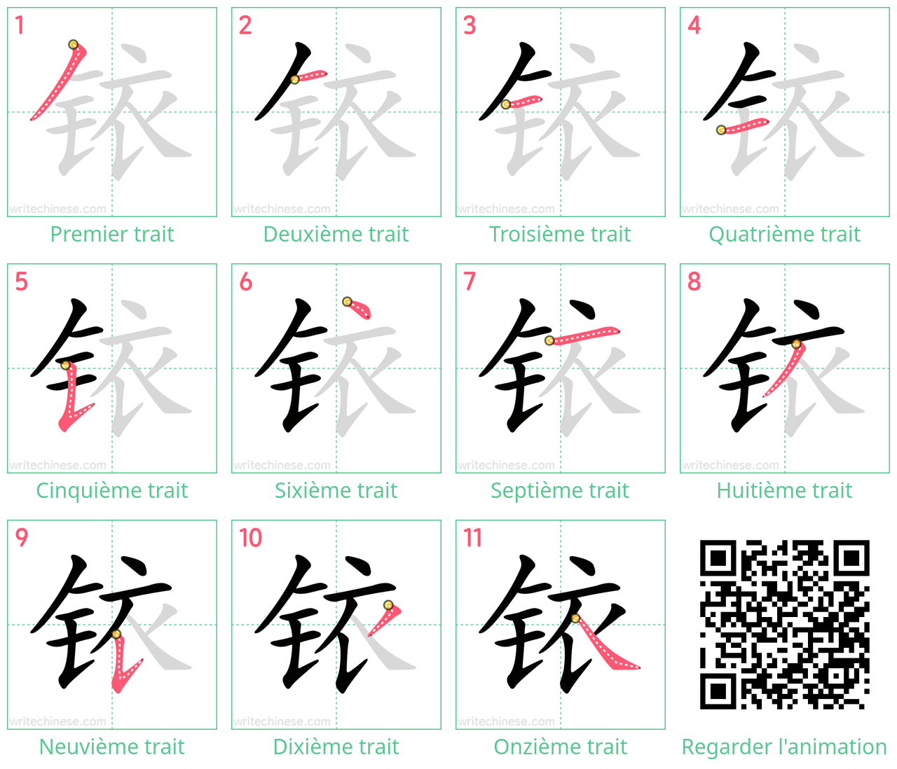 Diagrammes d'ordre des traits étape par étape pour le caractère 铱