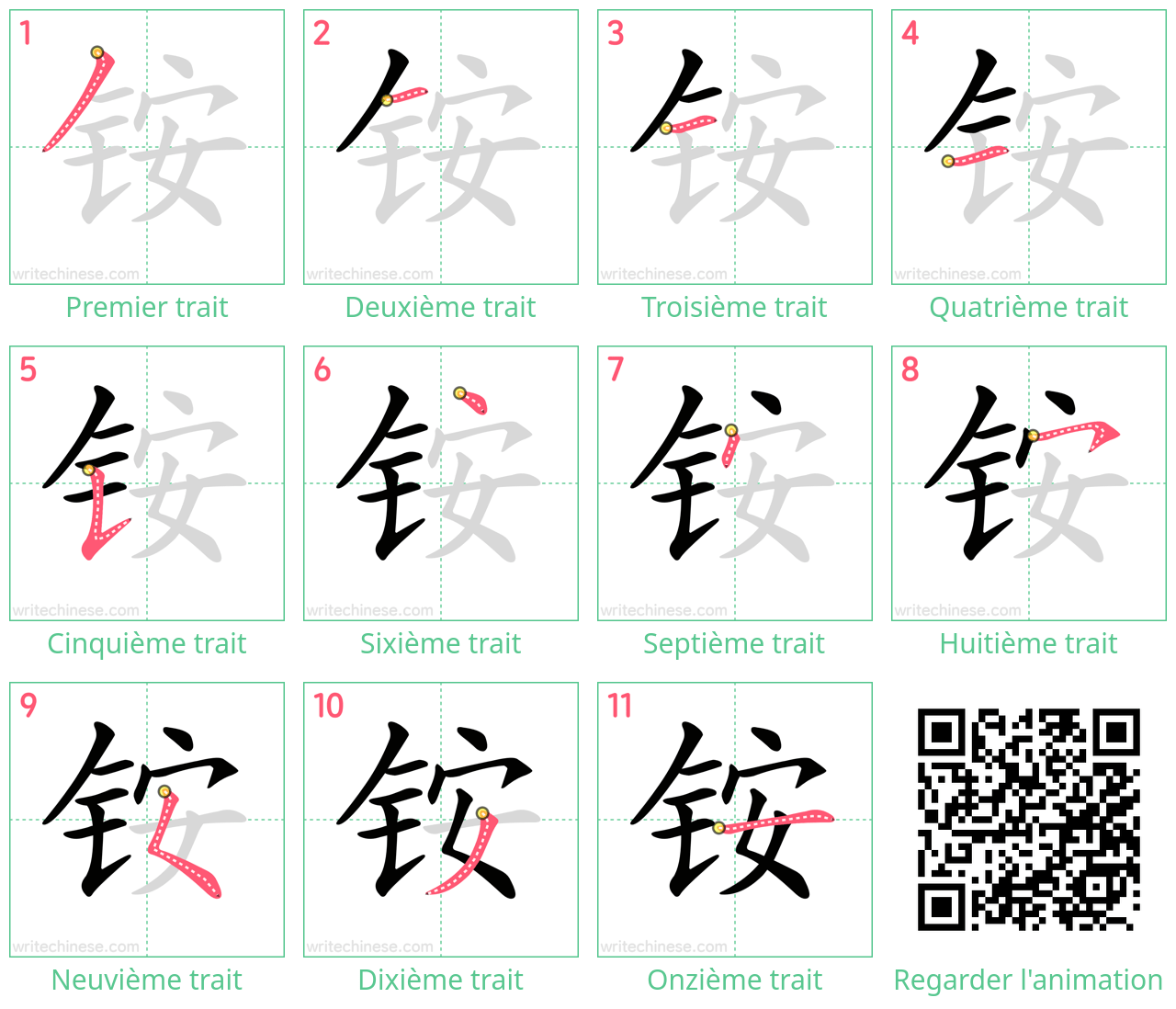 Diagrammes d'ordre des traits étape par étape pour le caractère 铵