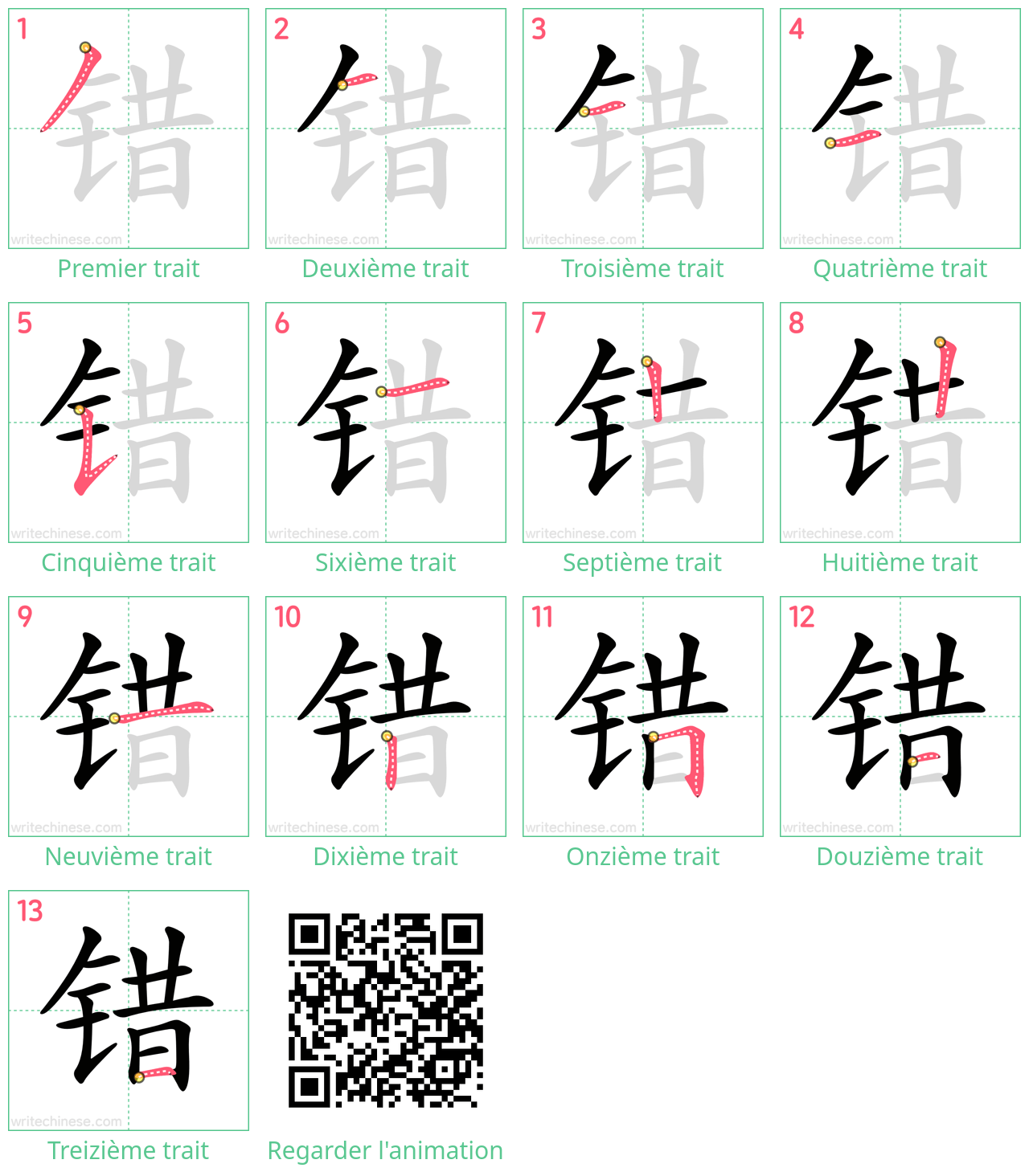 Diagrammes d'ordre des traits étape par étape pour le caractère 错