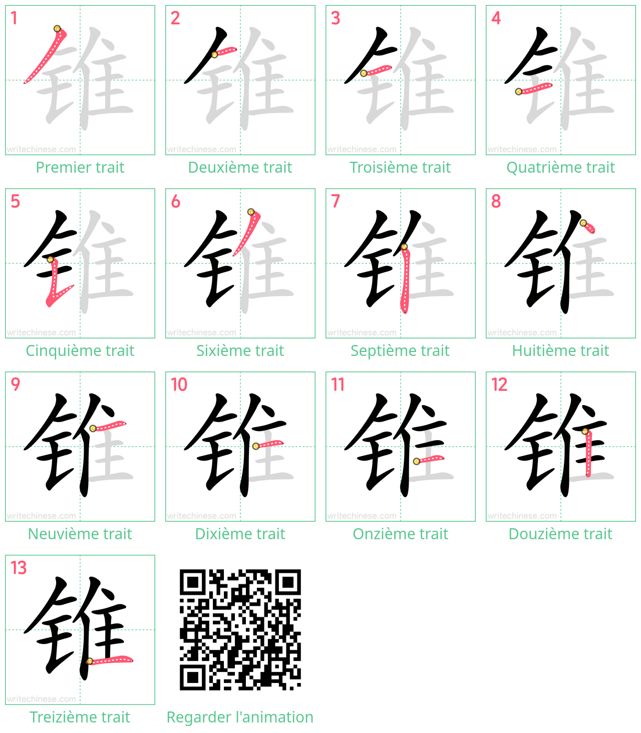 Diagrammes d'ordre des traits étape par étape pour le caractère 锥