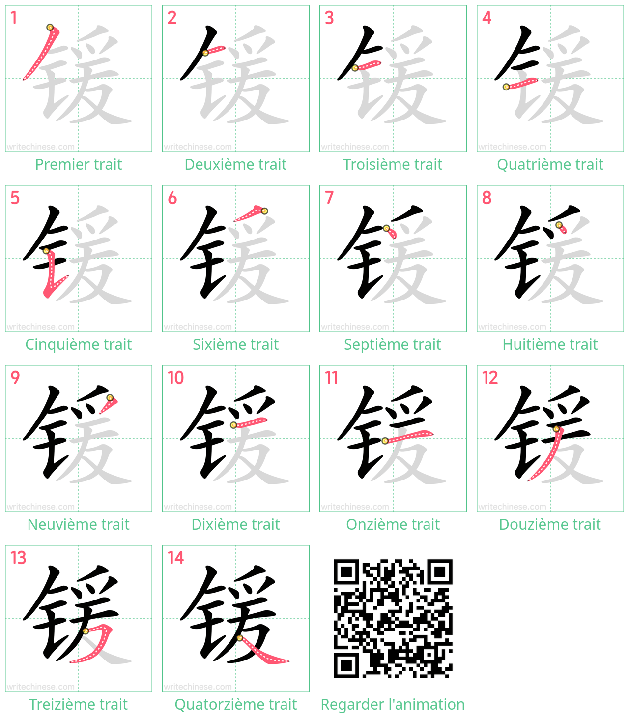 Diagrammes d'ordre des traits étape par étape pour le caractère 锾