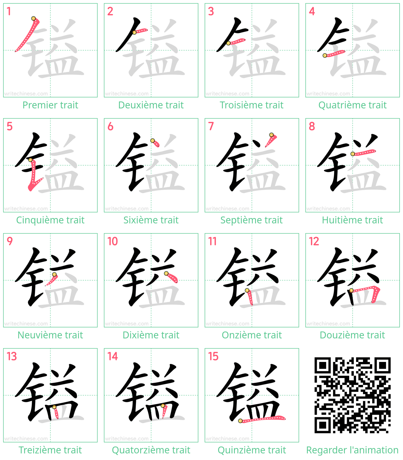 Diagrammes d'ordre des traits étape par étape pour le caractère 镒