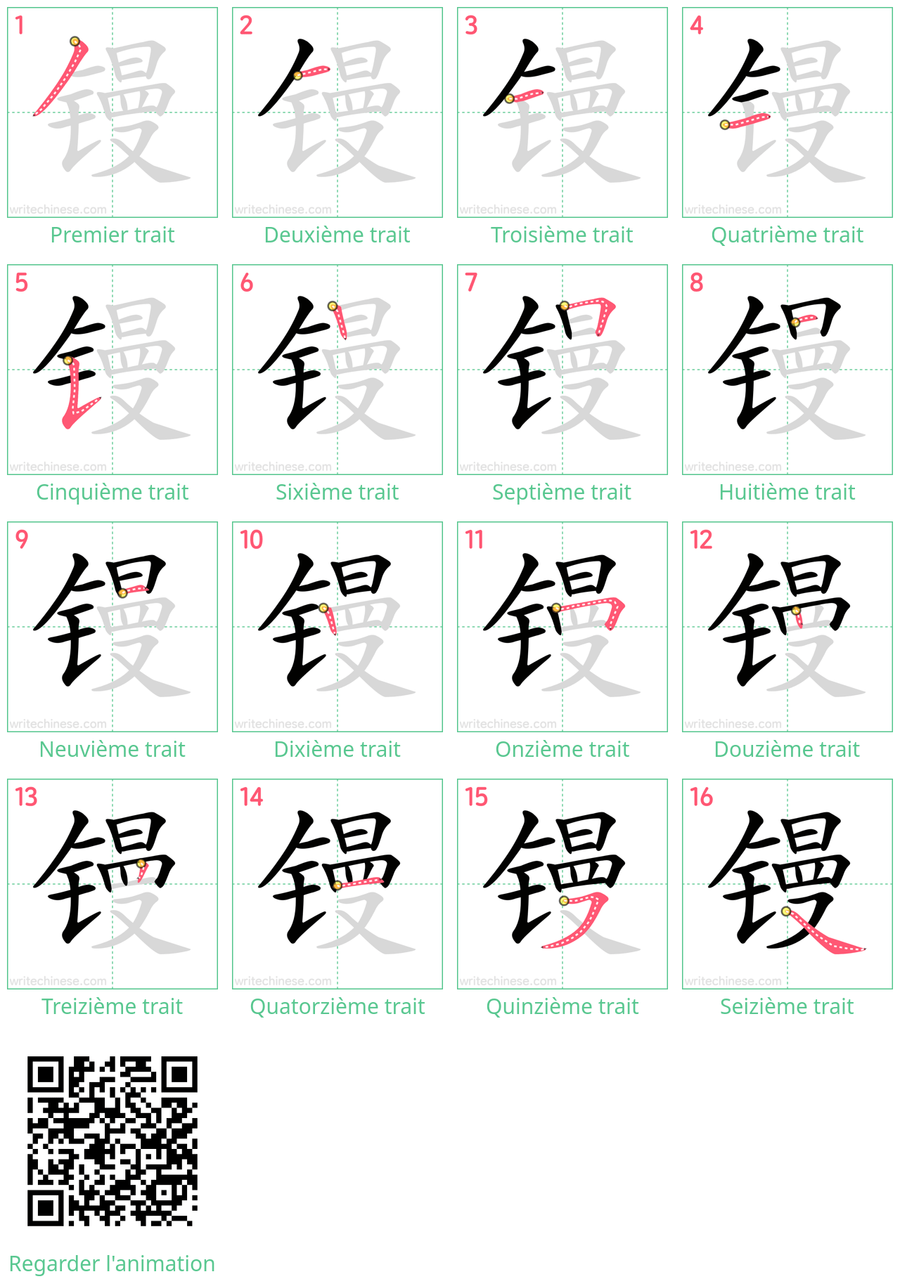 Diagrammes d'ordre des traits étape par étape pour le caractère 镘