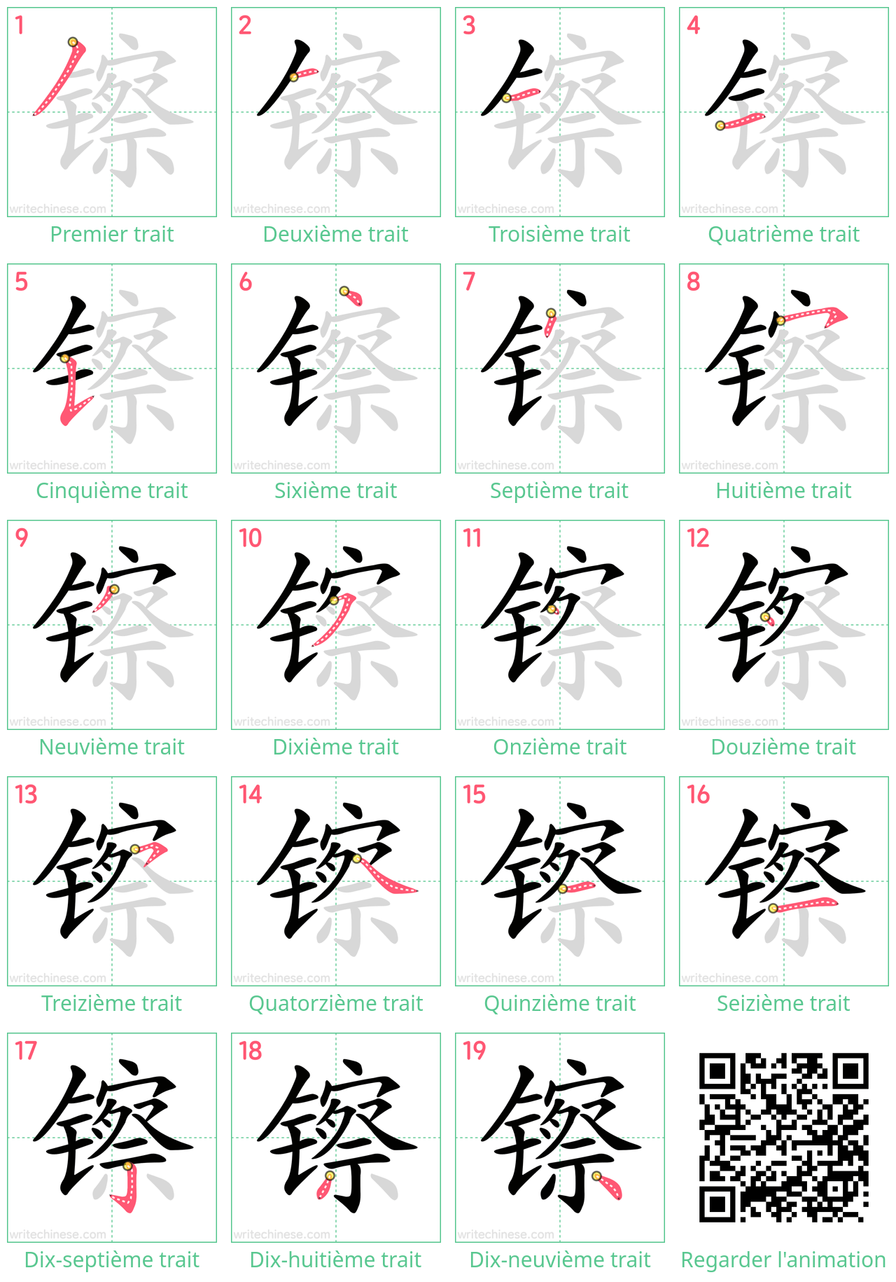 Diagrammes d'ordre des traits étape par étape pour le caractère 镲