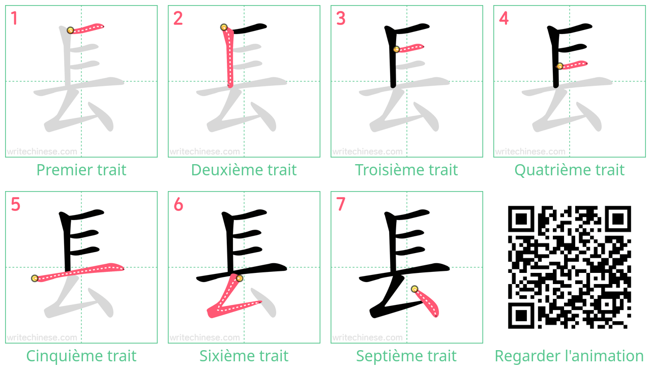 Diagrammes d'ordre des traits étape par étape pour le caractère 镸