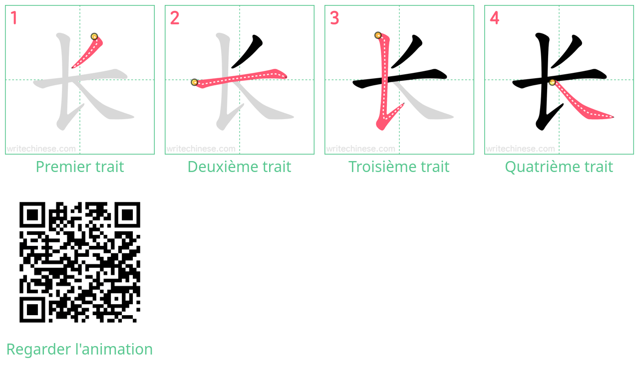 Diagrammes d'ordre des traits étape par étape pour le caractère 长