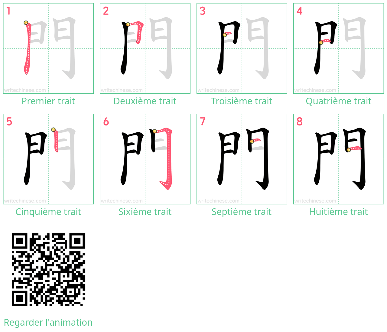 Diagrammes d'ordre des traits étape par étape pour le caractère 門