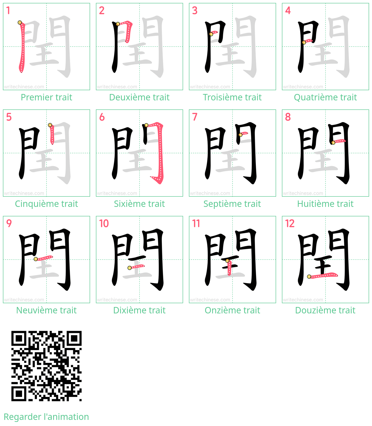 Diagrammes d'ordre des traits étape par étape pour le caractère 閏