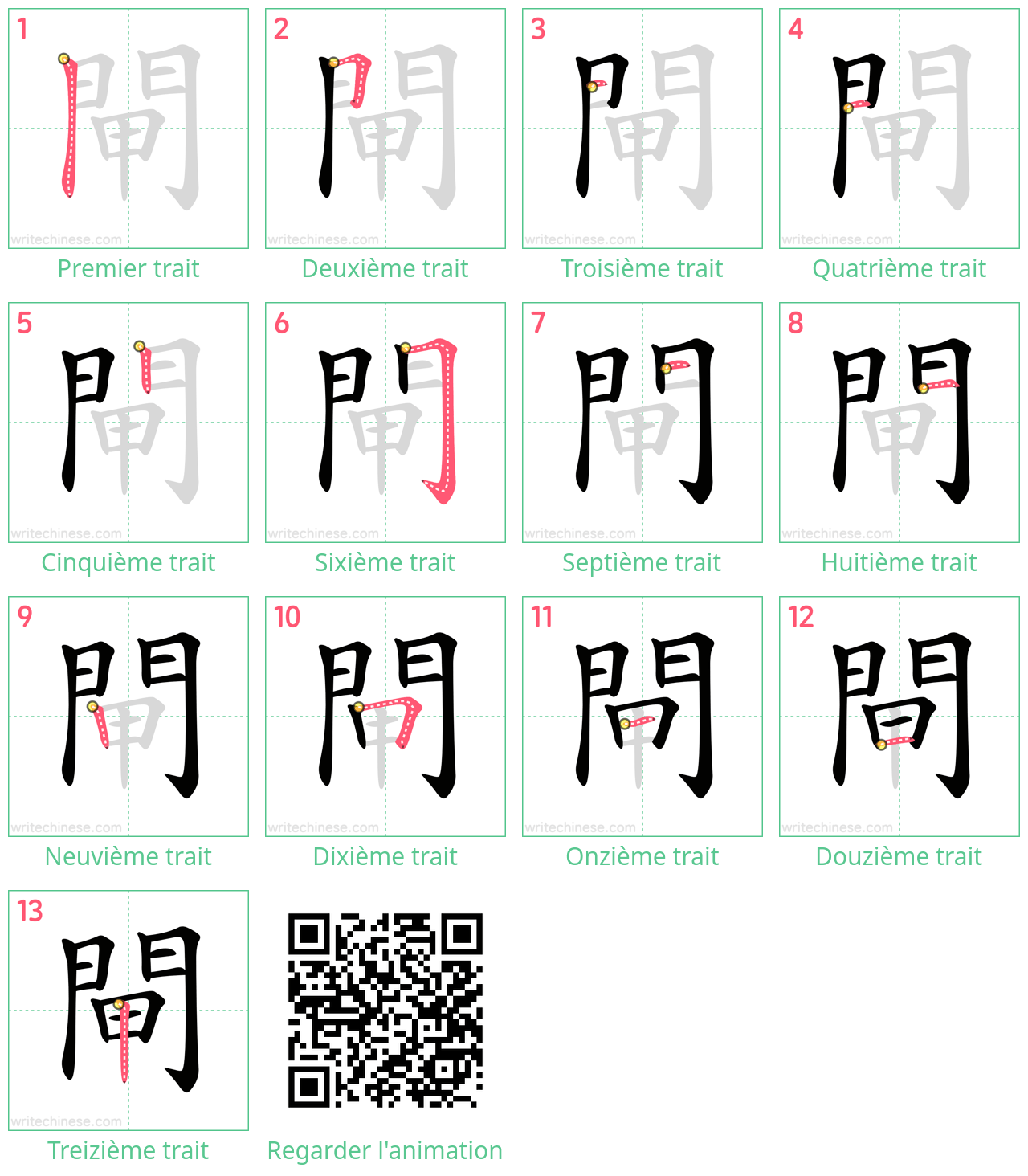 Diagrammes d'ordre des traits étape par étape pour le caractère 閘