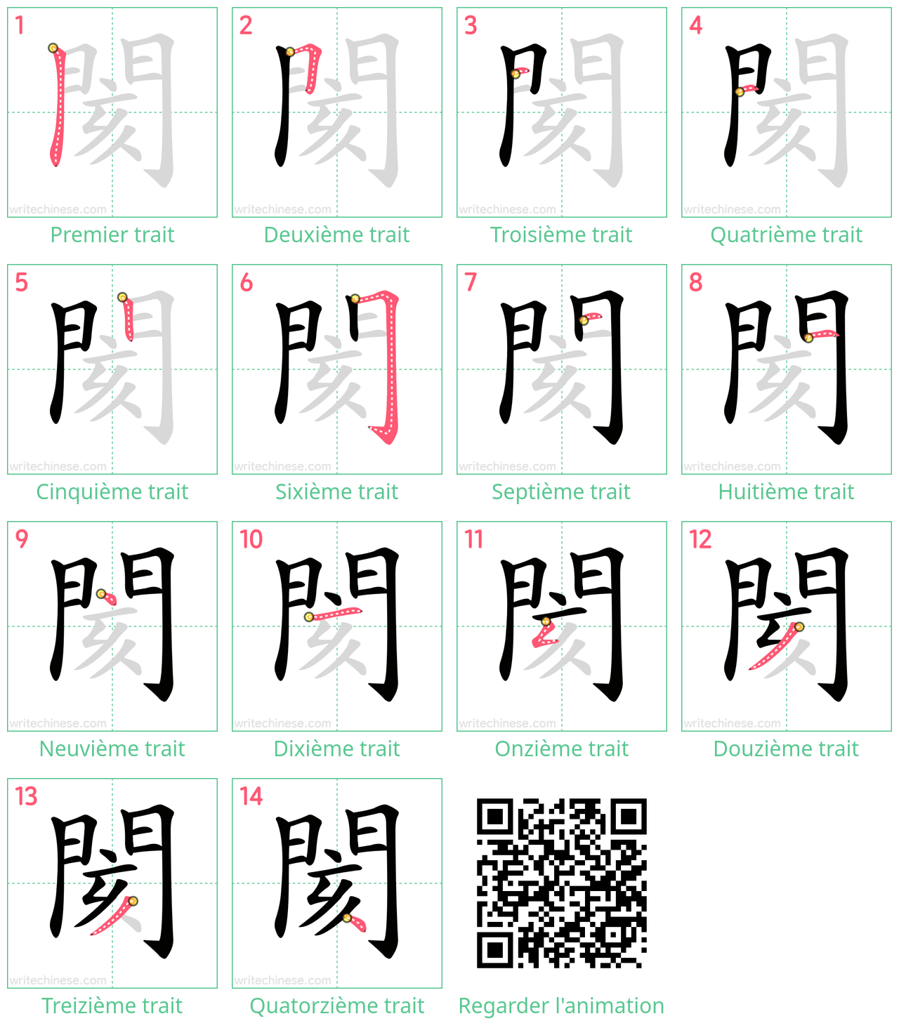 Diagrammes d'ordre des traits étape par étape pour le caractère 閡