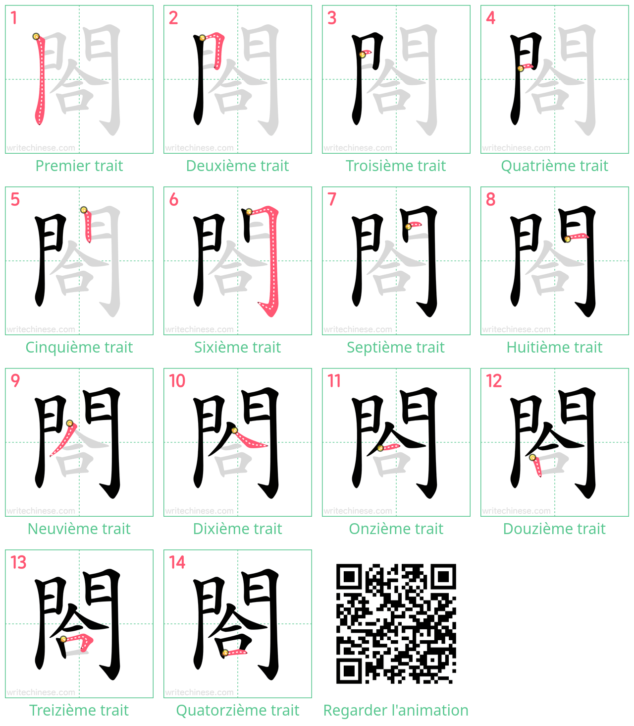 Diagrammes d'ordre des traits étape par étape pour le caractère 閤