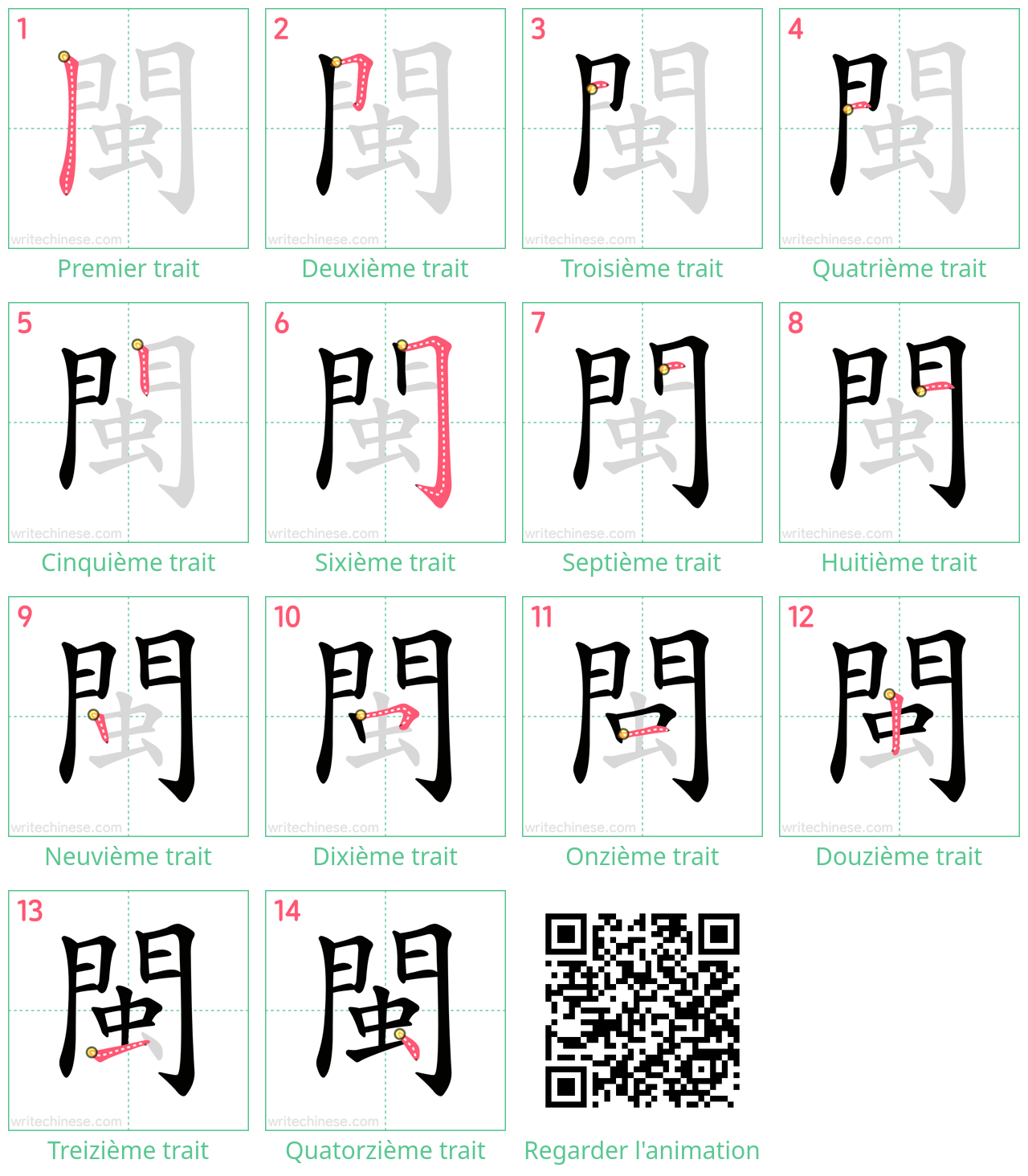 Diagrammes d'ordre des traits étape par étape pour le caractère 閩