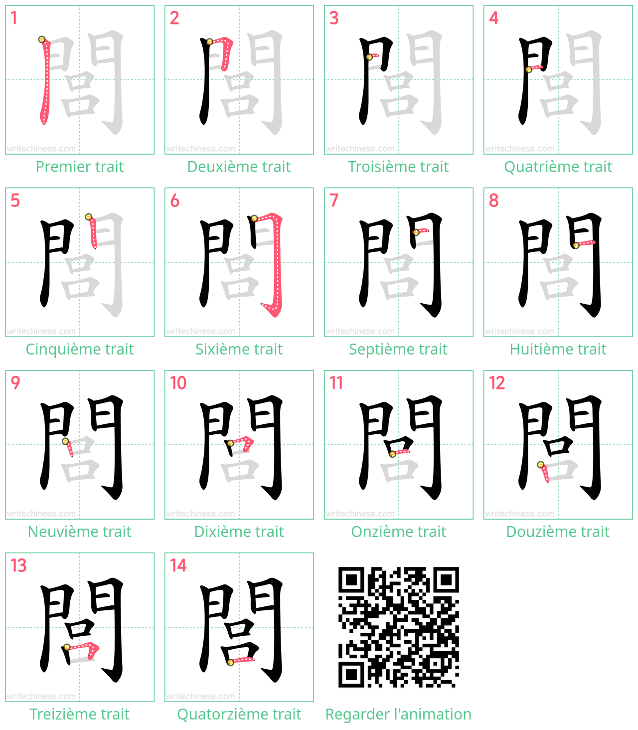 Diagrammes d'ordre des traits étape par étape pour le caractère 閭