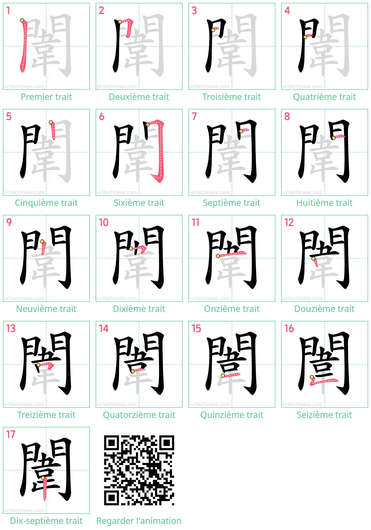 Diagrammes d'ordre des traits étape par étape pour le caractère 闈