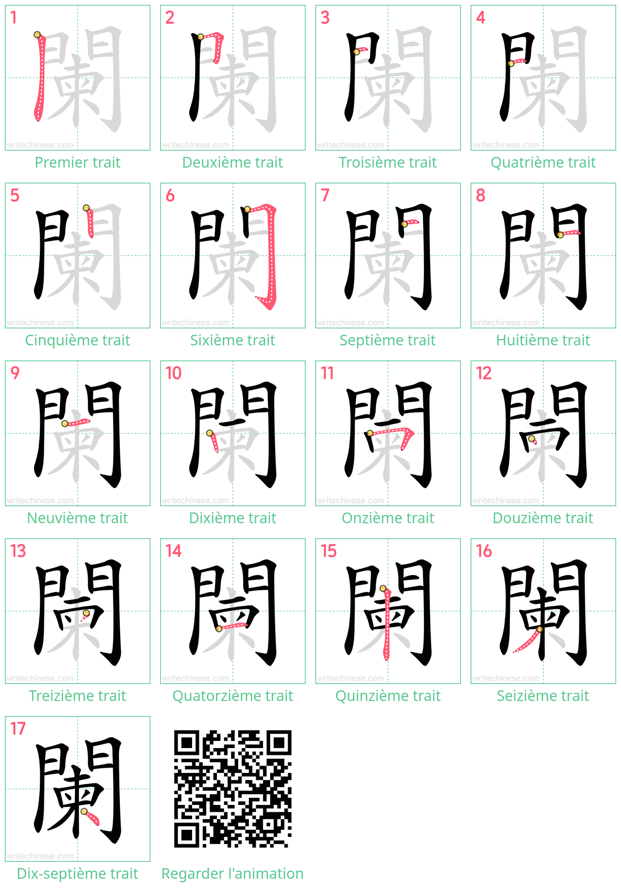 Diagrammes d'ordre des traits étape par étape pour le caractère 闌