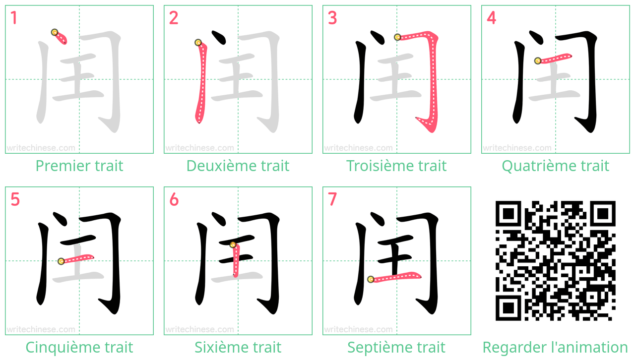 Diagrammes d'ordre des traits étape par étape pour le caractère 闰