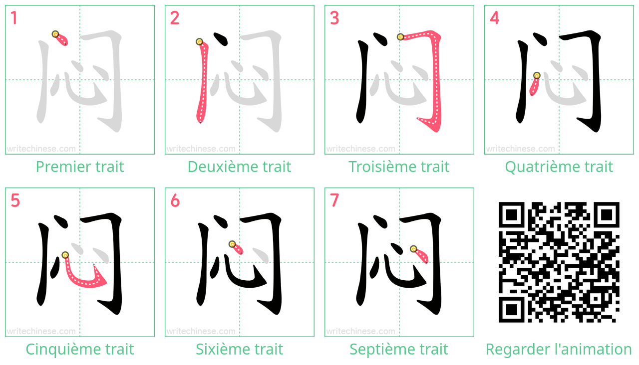 Diagrammes d'ordre des traits étape par étape pour le caractère 闷