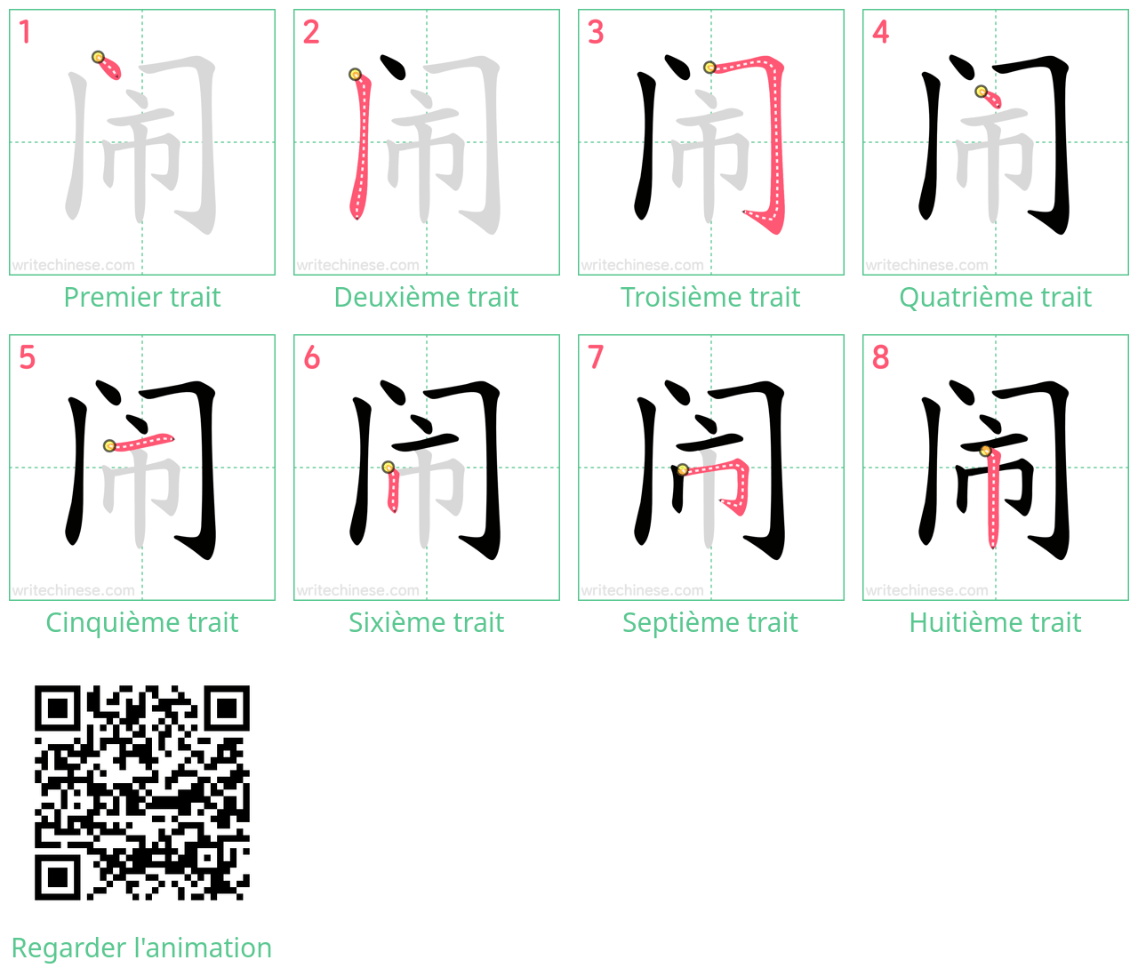 Diagrammes d'ordre des traits étape par étape pour le caractère 闹