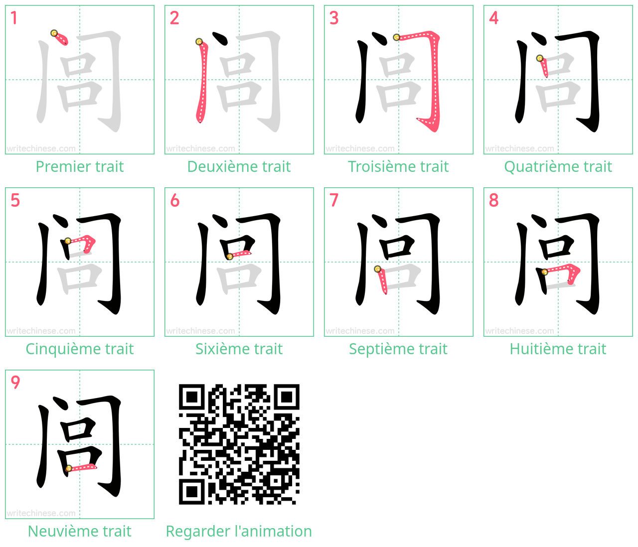 Diagrammes d'ordre des traits étape par étape pour le caractère 闾
