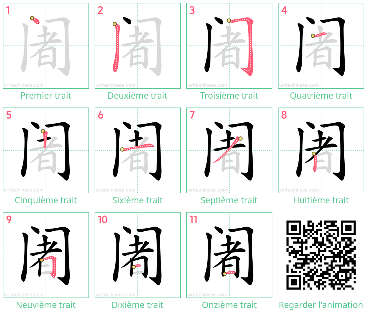 Diagrammes d'ordre des traits étape par étape pour le caractère 阇