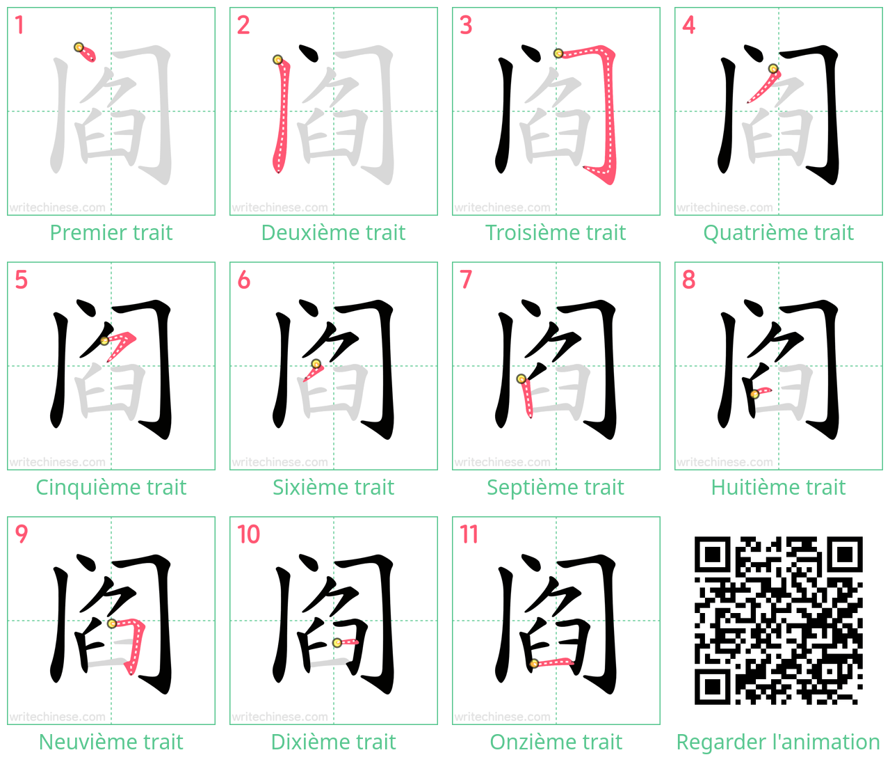 Diagrammes d'ordre des traits étape par étape pour le caractère 阎