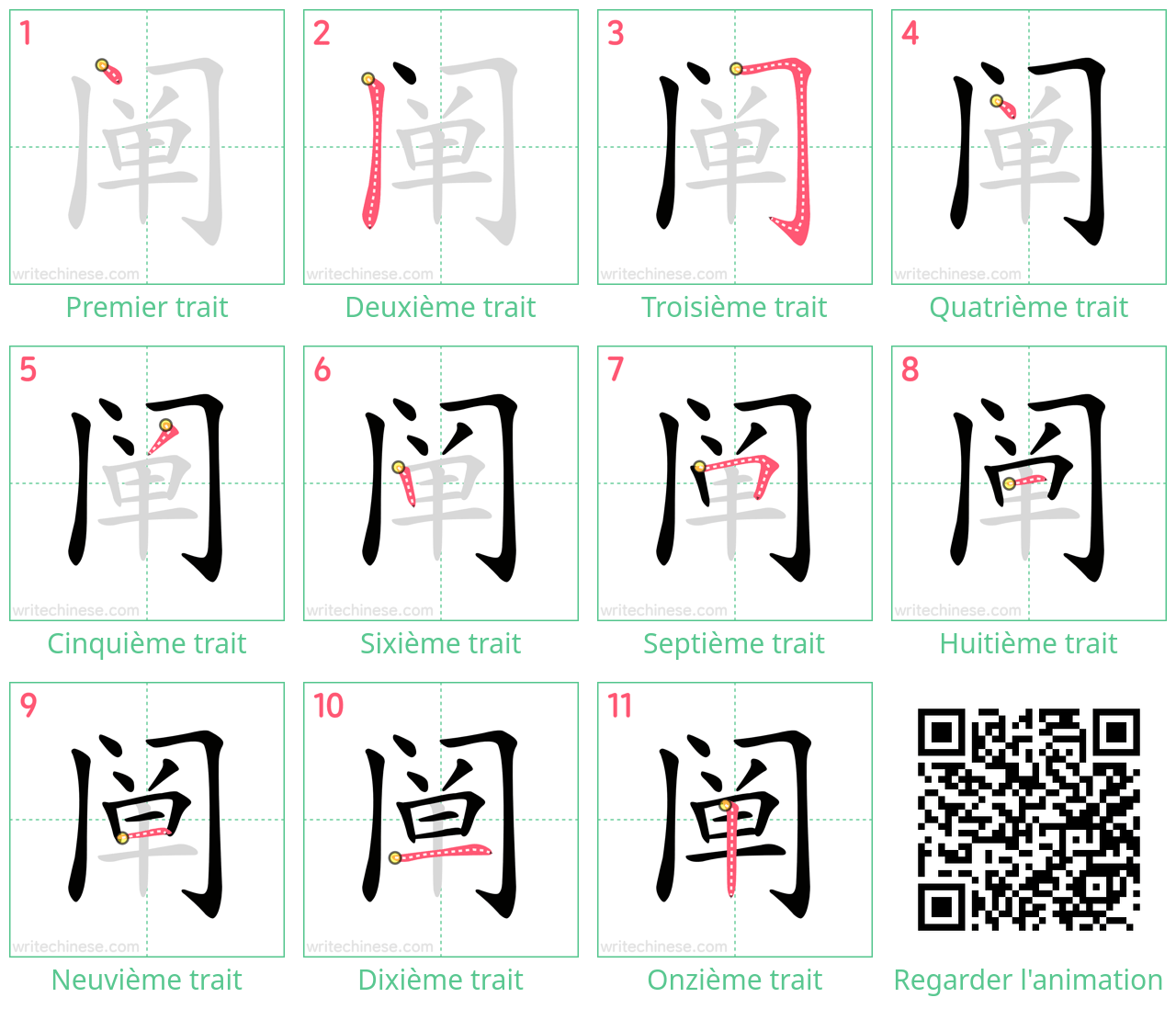 Diagrammes d'ordre des traits étape par étape pour le caractère 阐