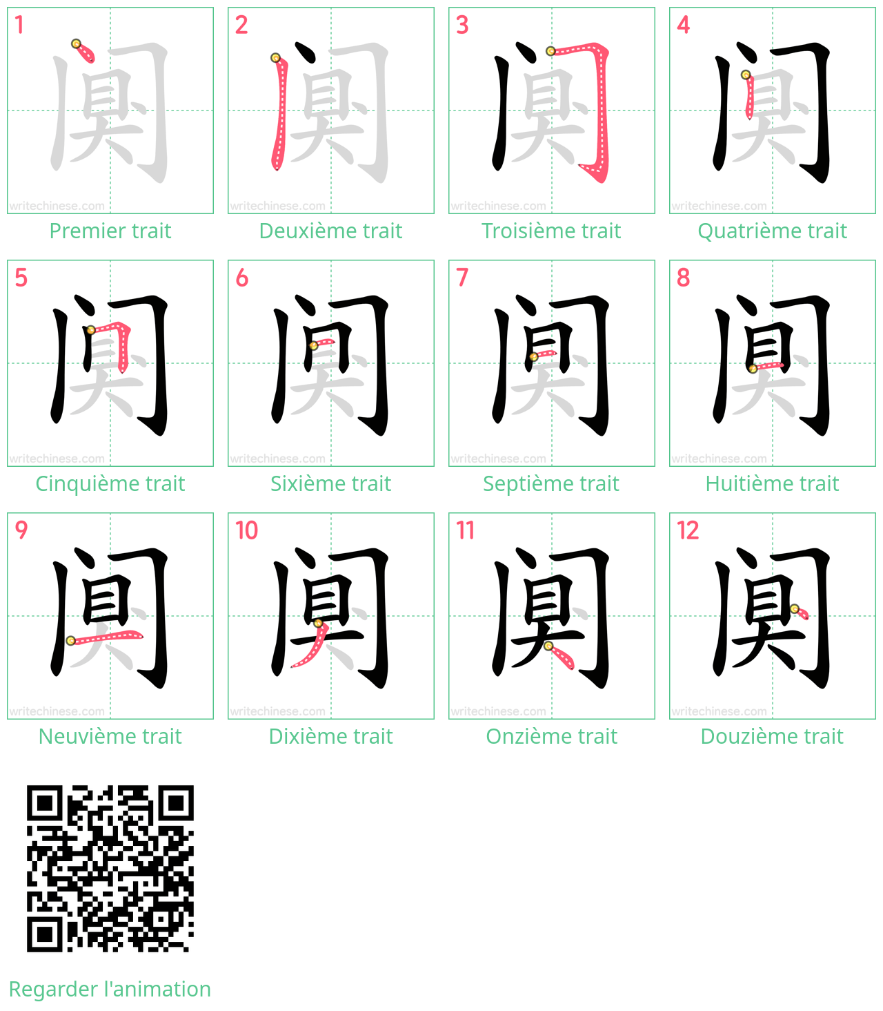 Diagrammes d'ordre des traits étape par étape pour le caractère 阒