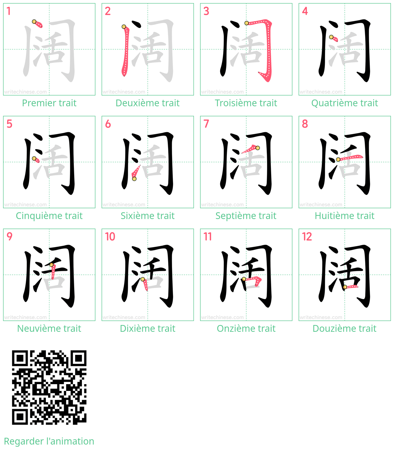 Diagrammes d'ordre des traits étape par étape pour le caractère 阔