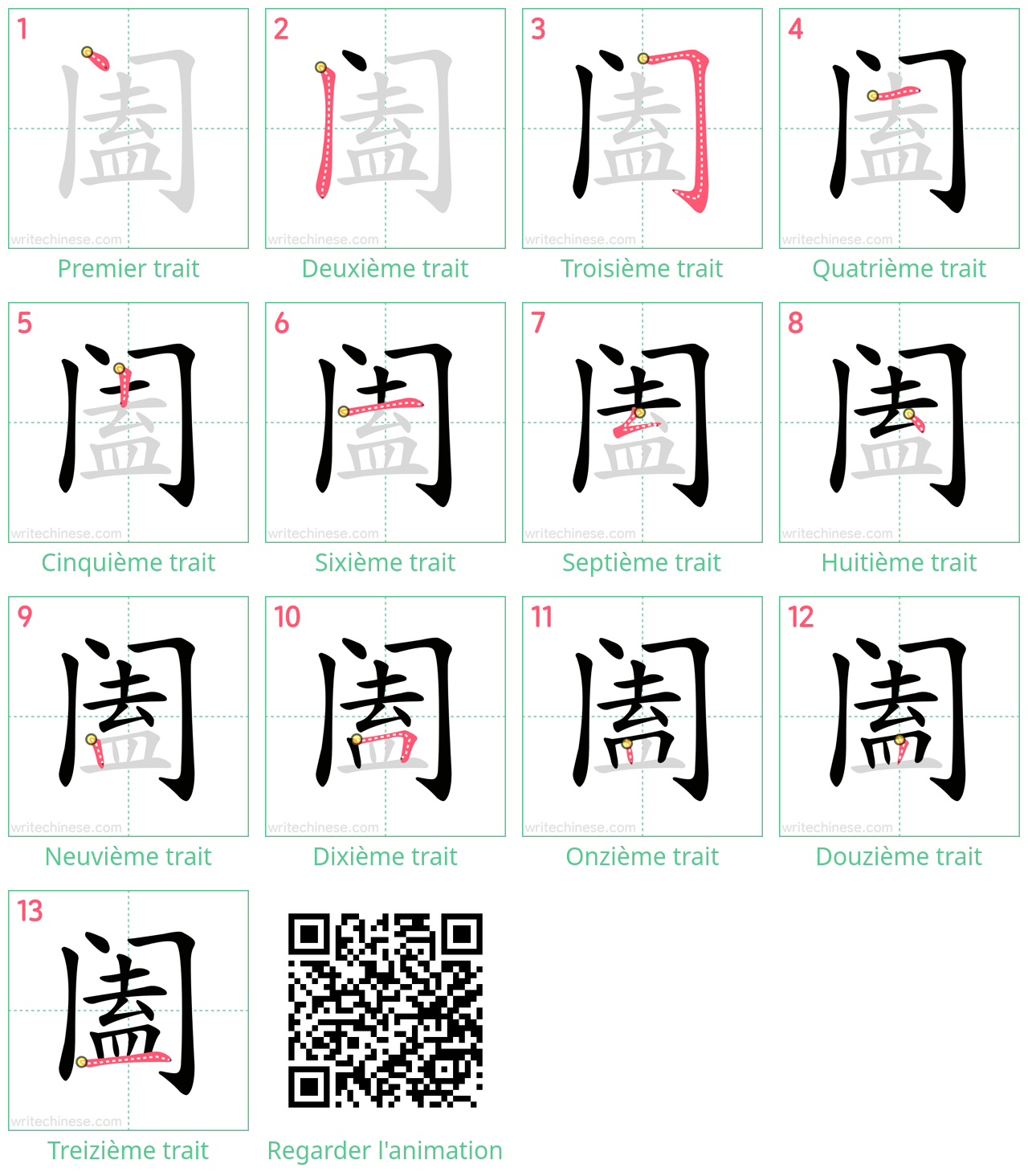 Diagrammes d'ordre des traits étape par étape pour le caractère 阖