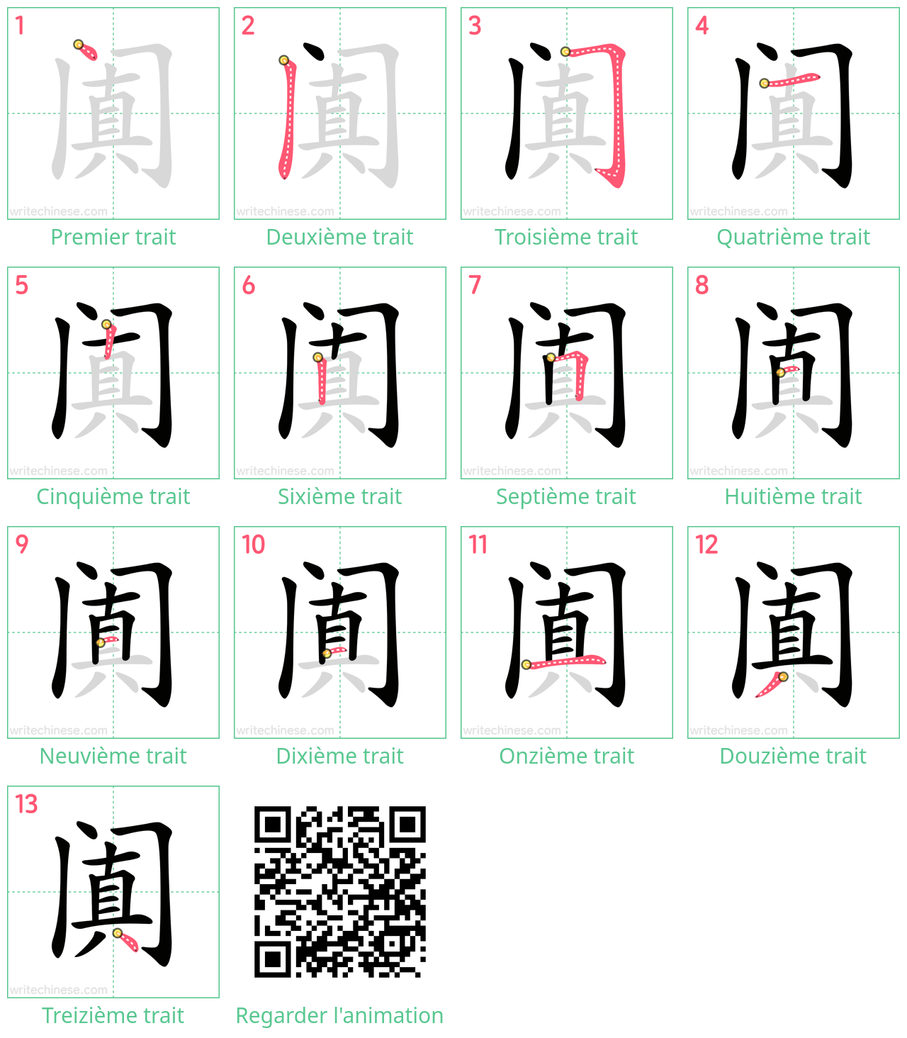 Diagrammes d'ordre des traits étape par étape pour le caractère 阗