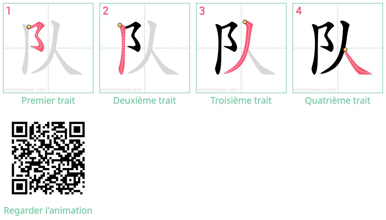 Diagrammes d'ordre des traits étape par étape pour le caractère 队