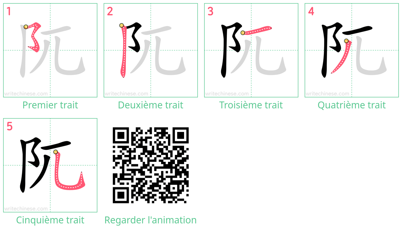 Diagrammes d'ordre des traits étape par étape pour le caractère 阢