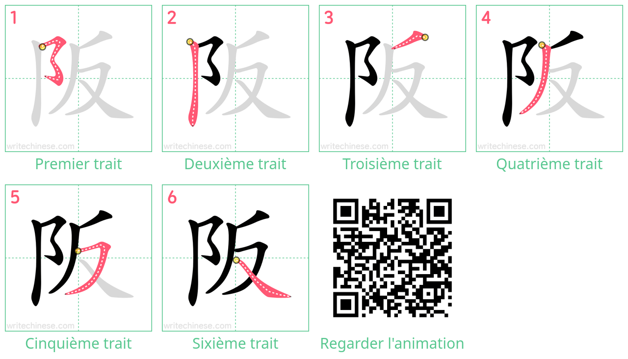 Diagrammes d'ordre des traits étape par étape pour le caractère 阪