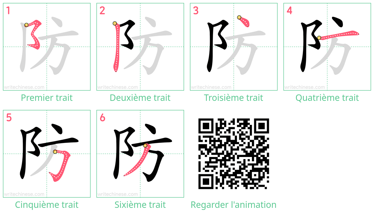 Diagrammes d'ordre des traits étape par étape pour le caractère 防