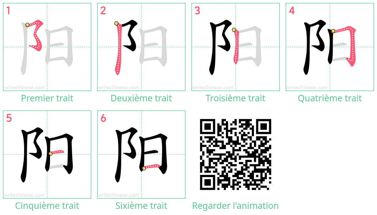 Diagrammes d'ordre des traits étape par étape pour le caractère 阳