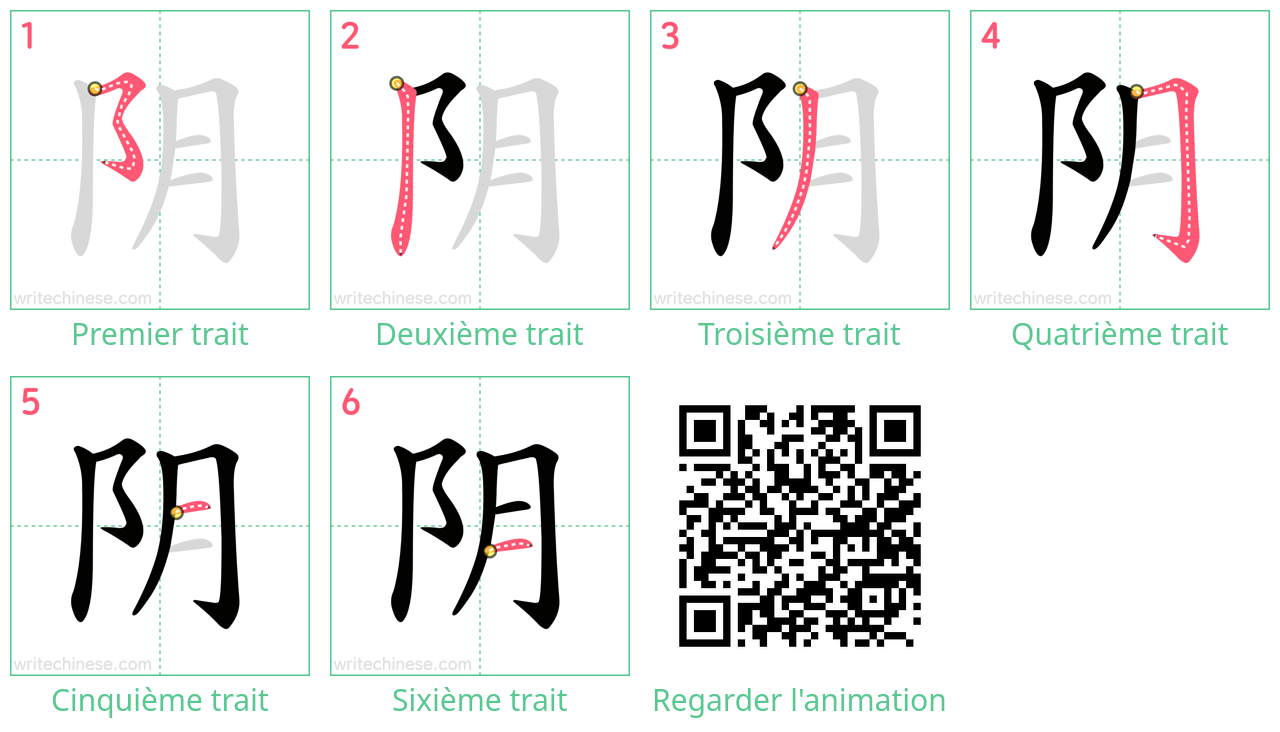 Diagrammes d'ordre des traits étape par étape pour le caractère 阴