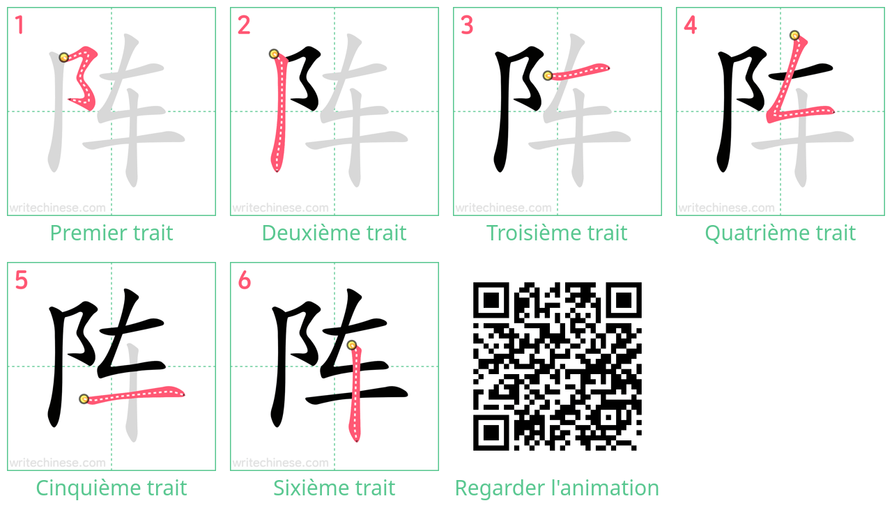 Diagrammes d'ordre des traits étape par étape pour le caractère 阵