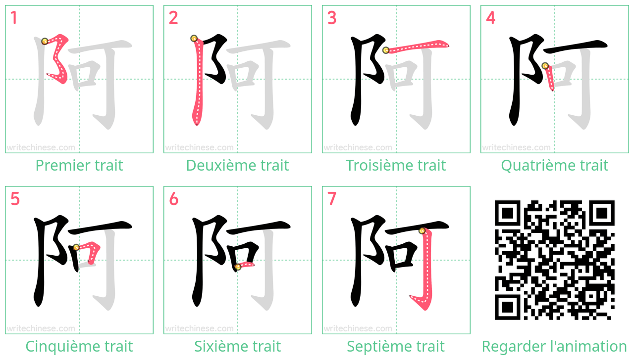 Diagrammes d'ordre des traits étape par étape pour le caractère 阿