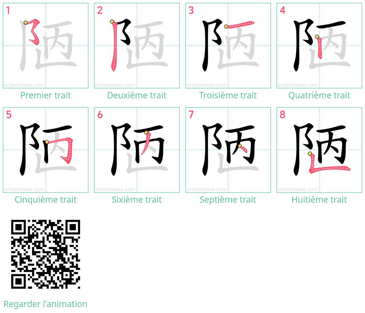 Diagrammes d'ordre des traits étape par étape pour le caractère 陋