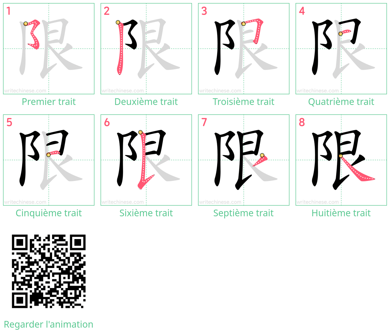 Diagrammes d'ordre des traits étape par étape pour le caractère 限