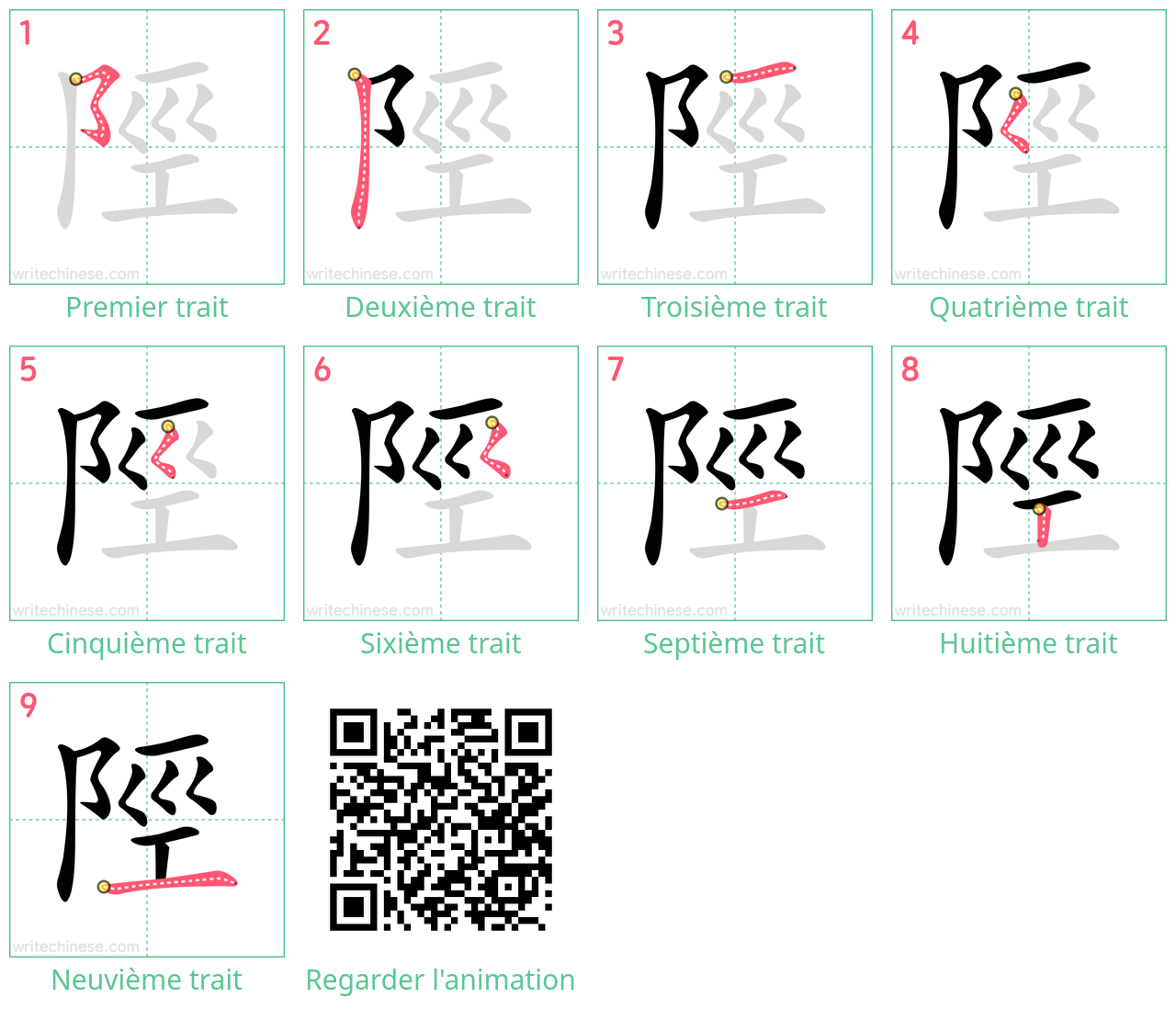 Diagrammes d'ordre des traits étape par étape pour le caractère 陘