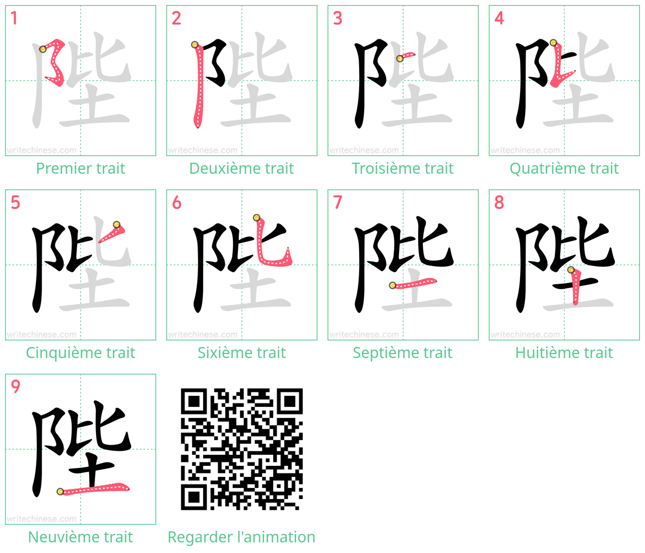 Diagrammes d'ordre des traits étape par étape pour le caractère 陛
