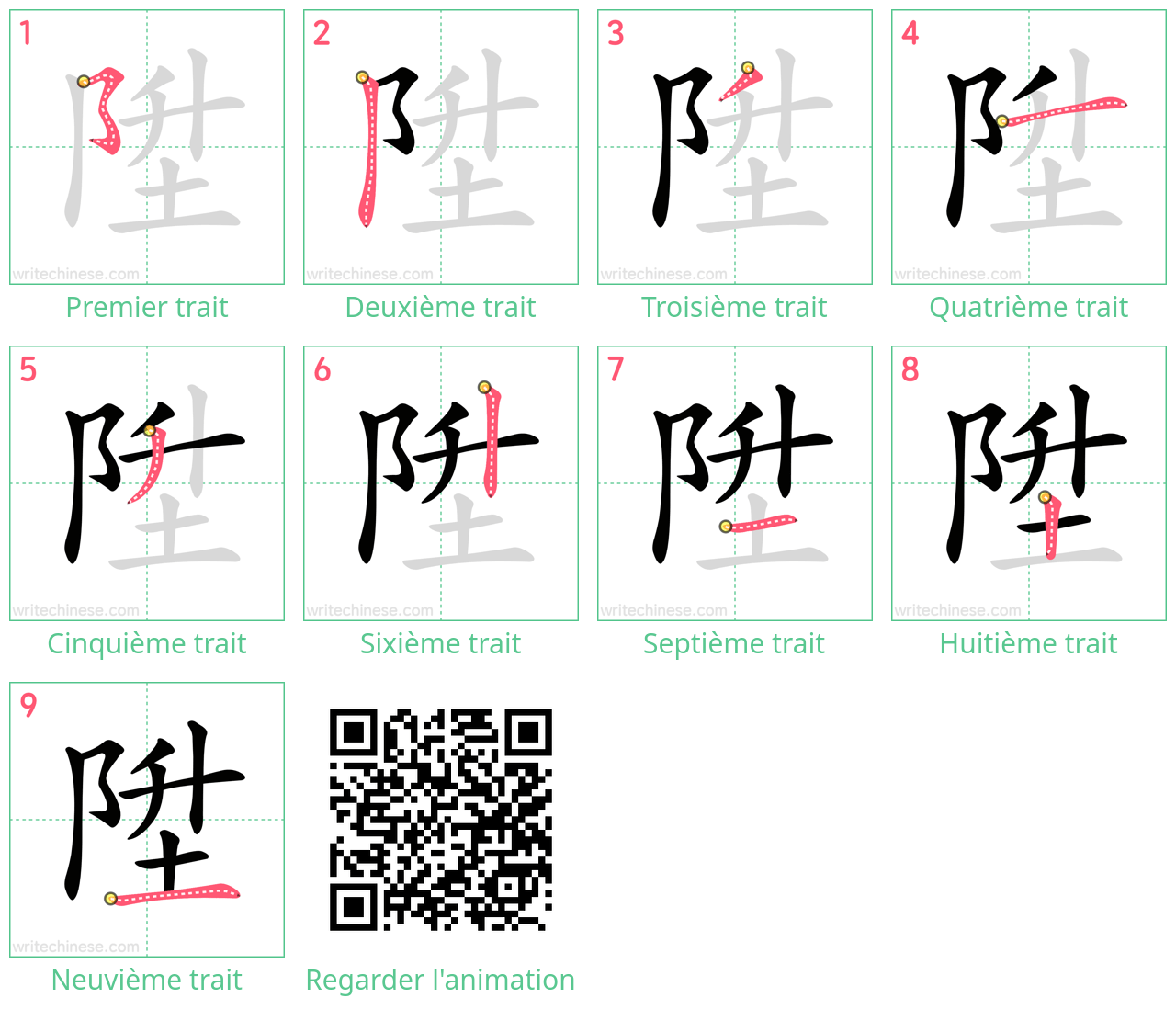 Diagrammes d'ordre des traits étape par étape pour le caractère 陞