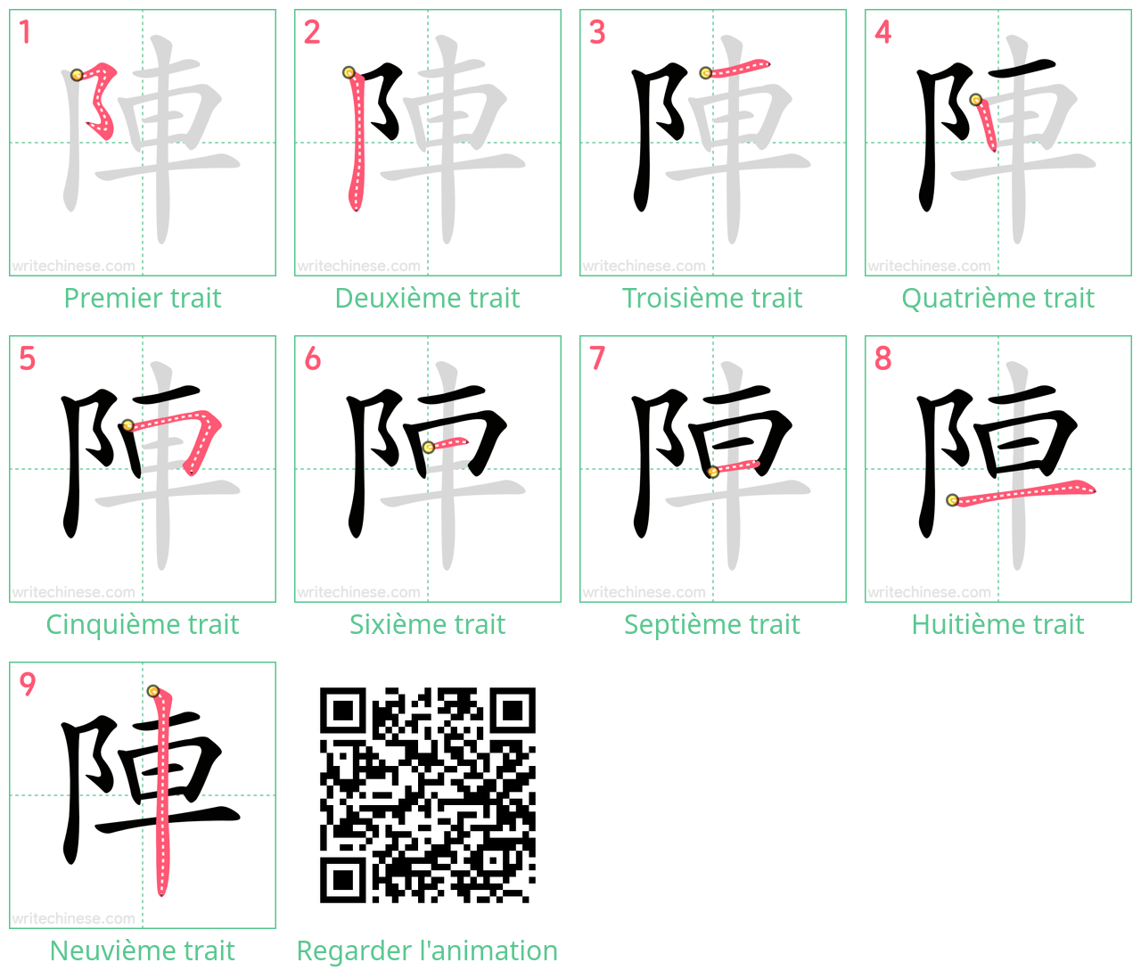 Diagrammes d'ordre des traits étape par étape pour le caractère 陣