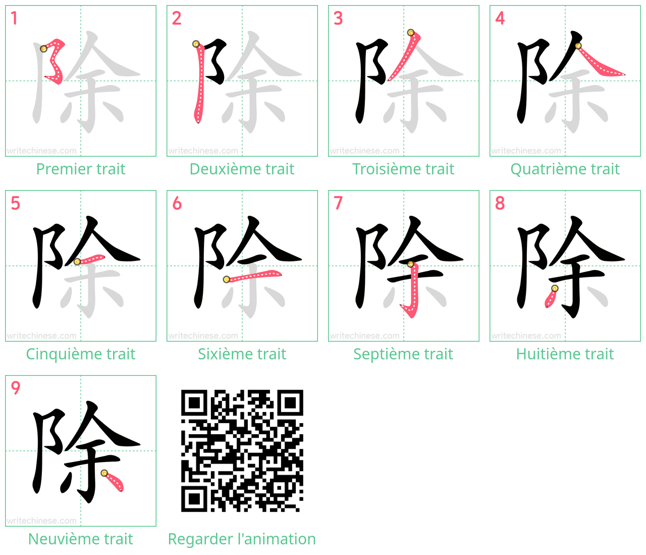 Diagrammes d'ordre des traits étape par étape pour le caractère 除