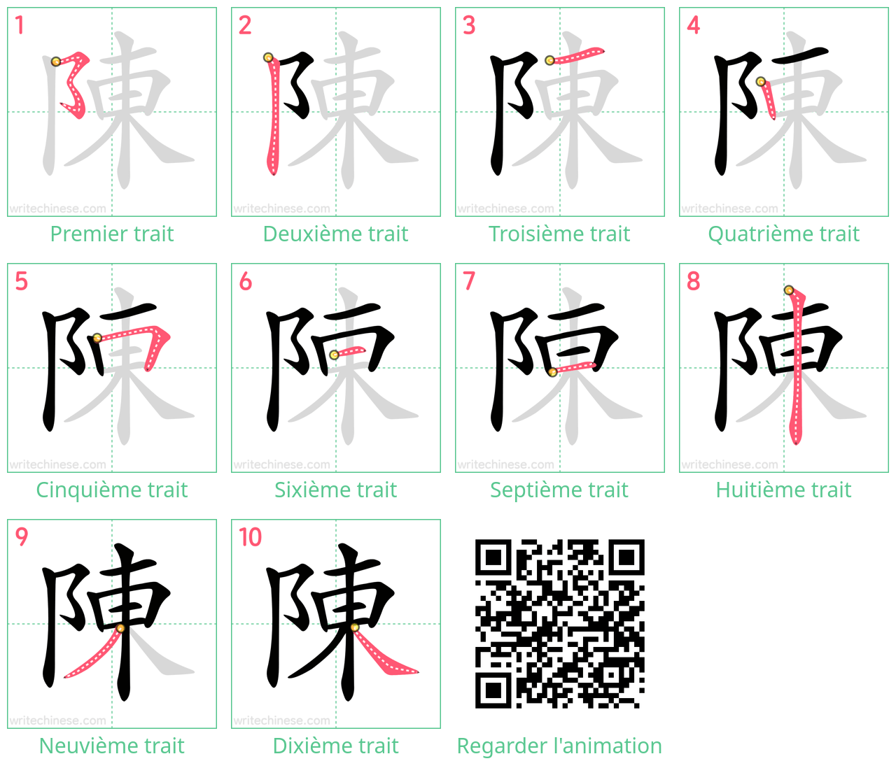 Diagrammes d'ordre des traits étape par étape pour le caractère 陳