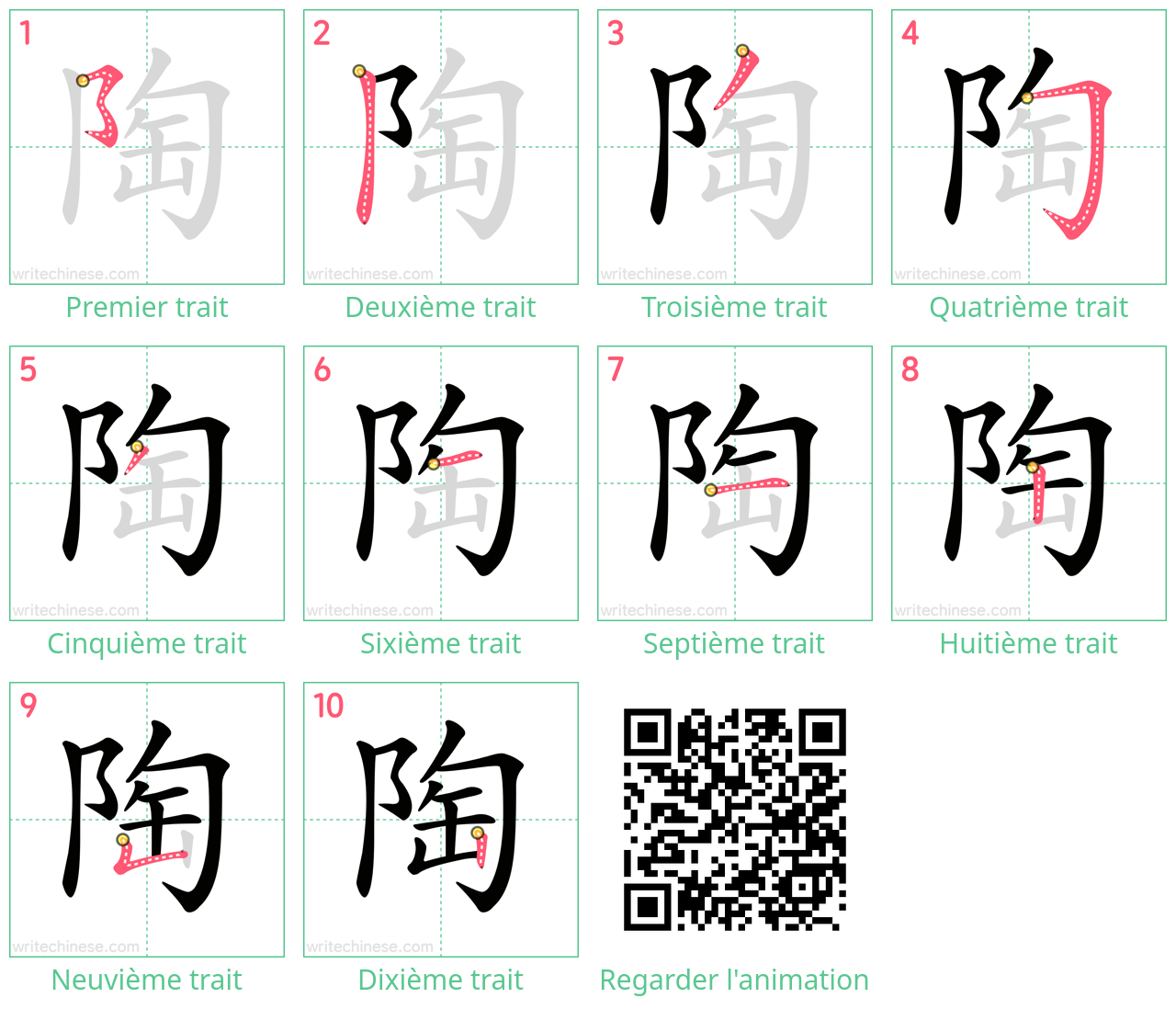 Diagrammes d'ordre des traits étape par étape pour le caractère 陶